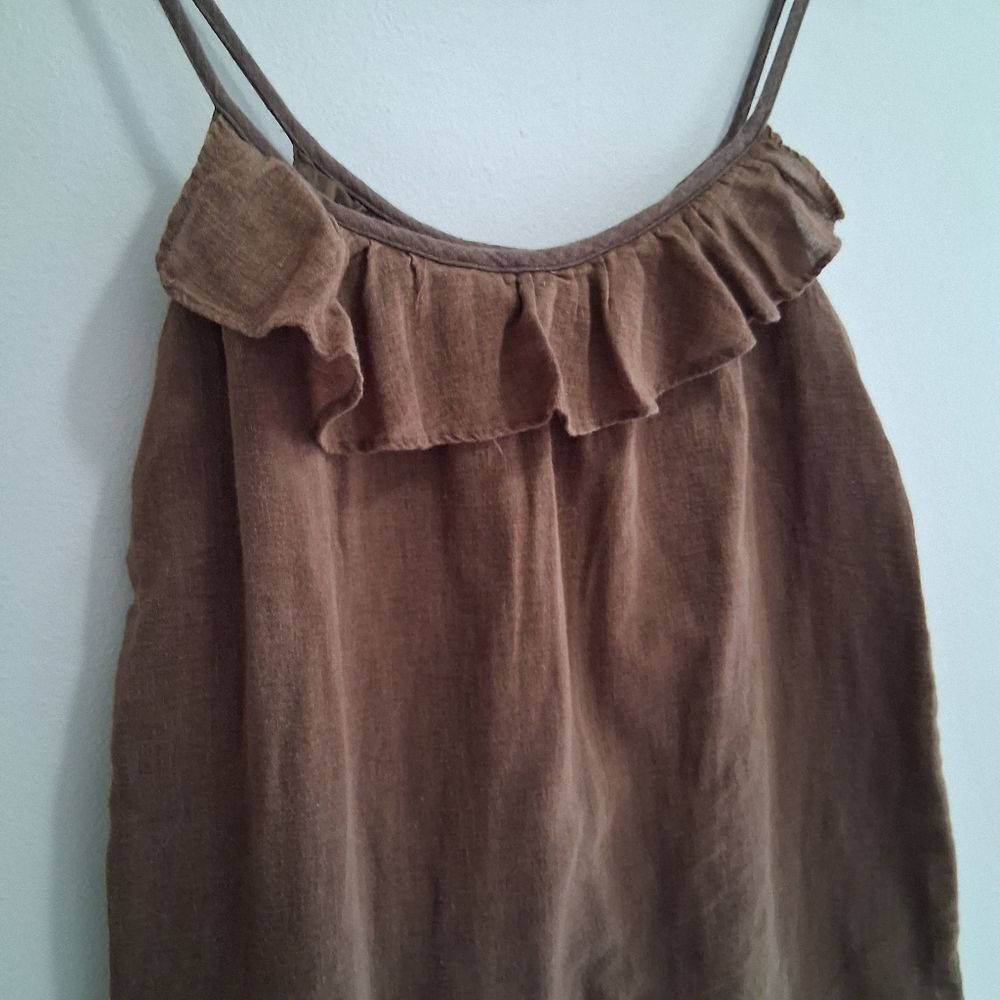 Old Navy Brown Linen Cotton Slip Mini Shift Dress Ruffle Neck Lined Size Small - Picture 3 of 7